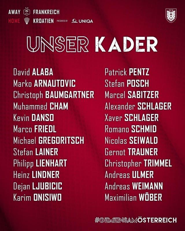 QQ体育直播-奥地利24人大名单：阿拉巴领衔，扎比策、阿瑙在列